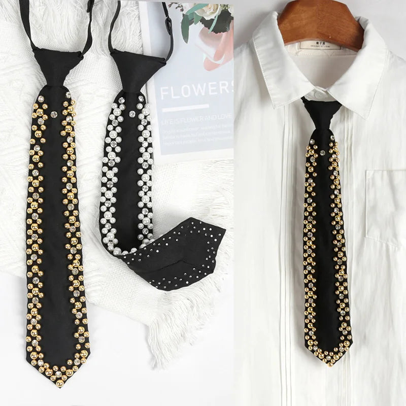 Luxurious Women Popular Shining Pearl Black Tie Trend Girls Qme