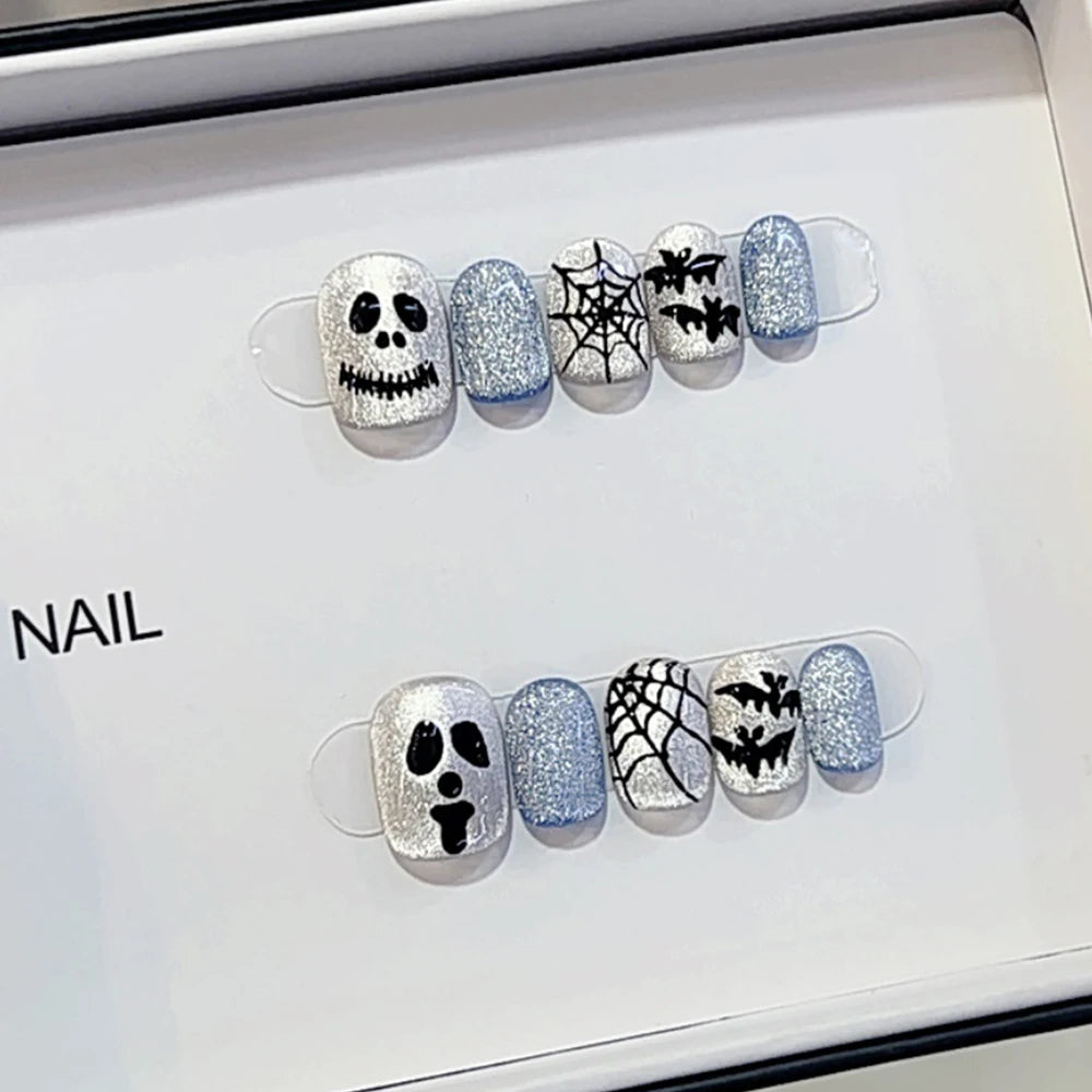 Short Square Halloween Ghost Bat Cobweb Press Nails Cute Crystal Cat Qme