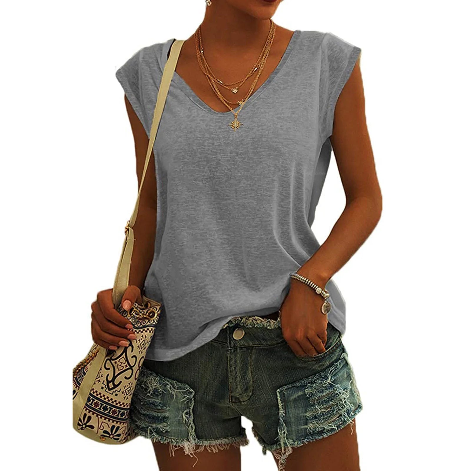 Women's Solid Color Minimalist Fashionable V-Neck Sleeveless T-Shirt Casual And Versatile Loose Summer Basics Street Tank Tops Qme Gray XXL