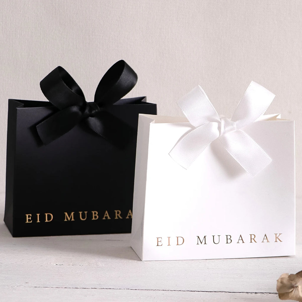 10Pcs, Eid Mubarak Laminated Mini Gift Boxes, Classic Black, White and Pink, with Elegant Ribbon, Size: 11.5*10 * 4.5cm - Perfe Qme
