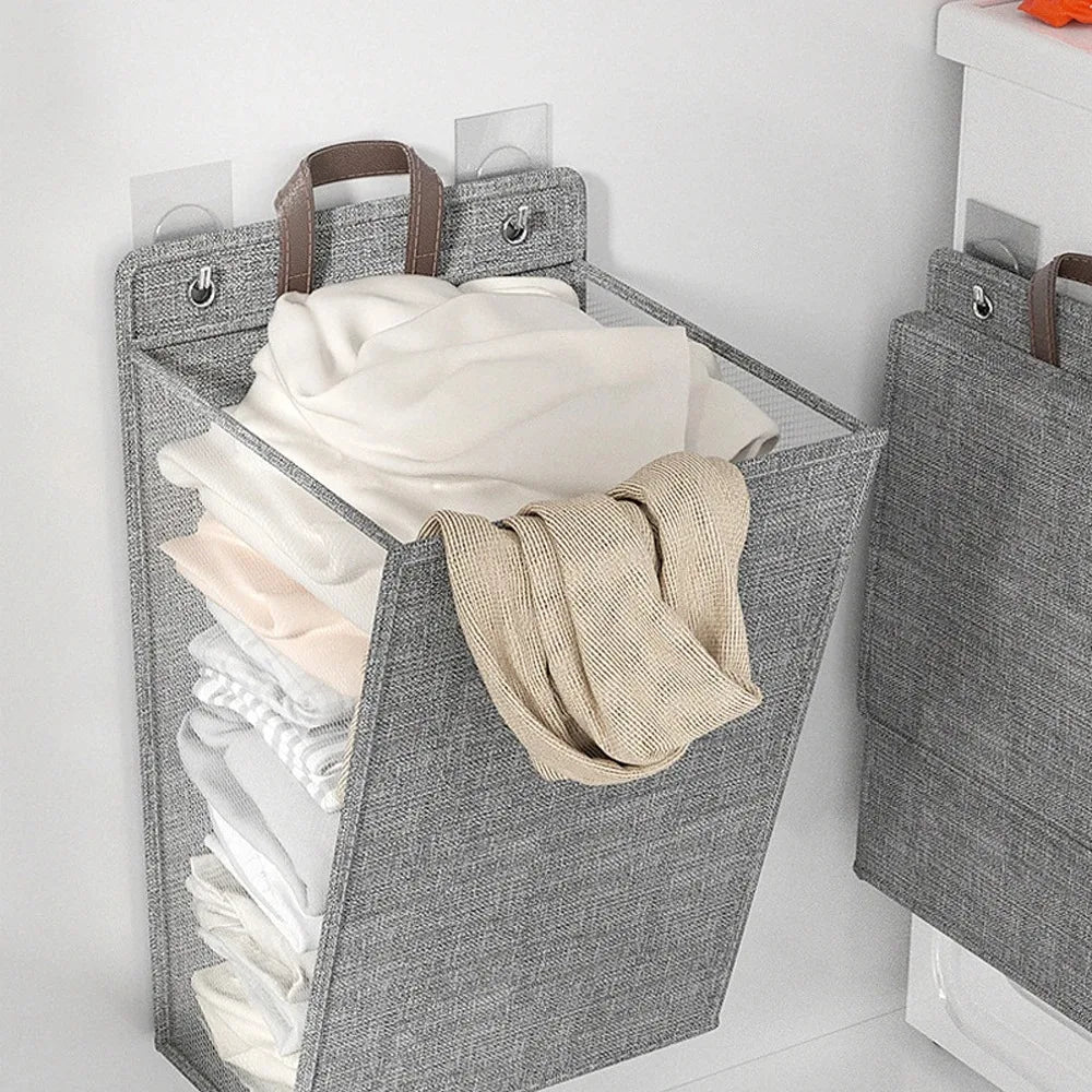 1pc Foldable Adhesive Laundry Basket Portable Laundry Basket Multifunctional Punch Free Wall Hanging Washing Clothes Mesh Hook Qme