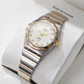 Two Tone Women Quartz Watch Rhinestone Dial Roman Bezel Alloy Band Elegant Ladies Dress Watch Qme White No Box
