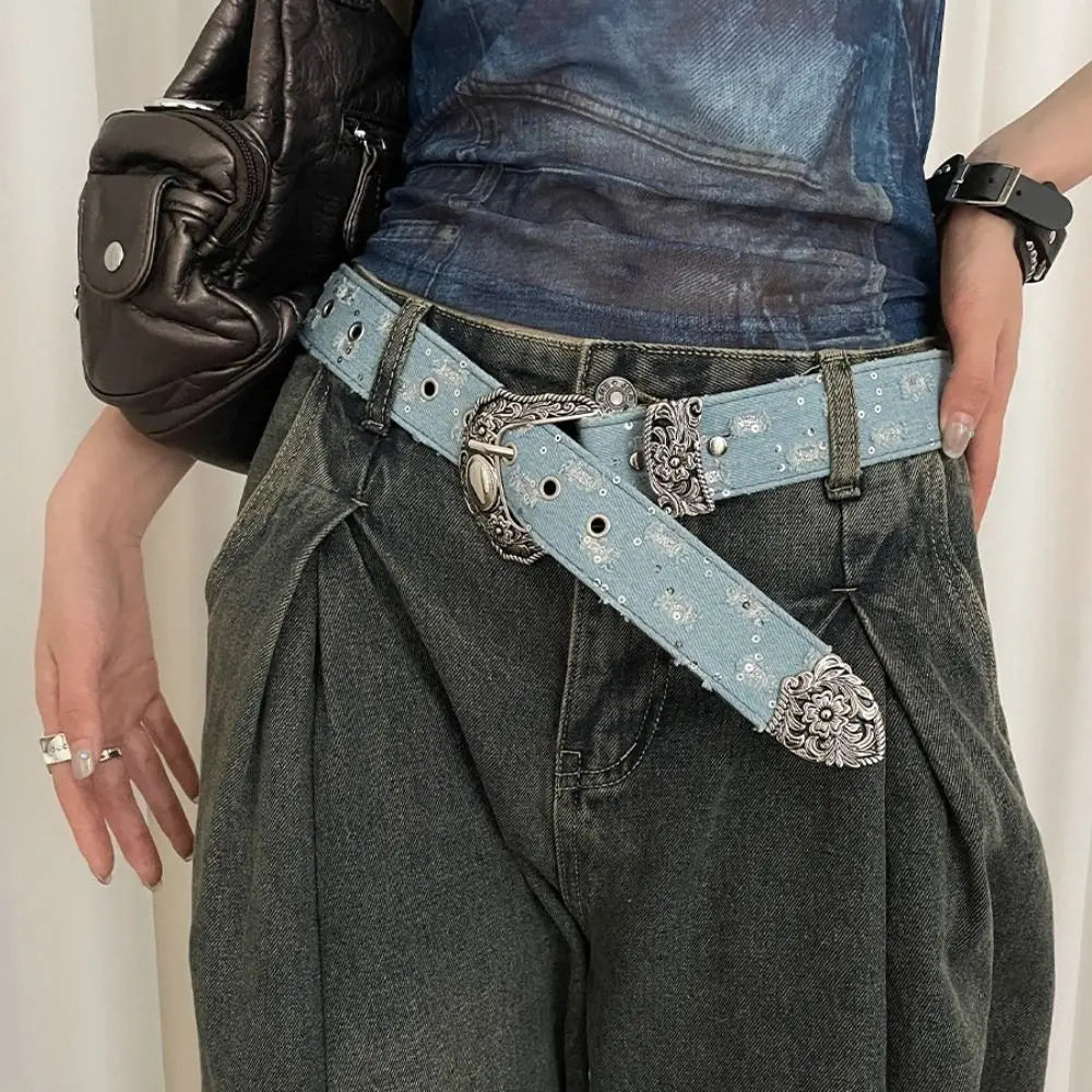 Casual Korean Sequin Belt Harajuku Y2k Metal Buckle Aesthetic Ripped Qme