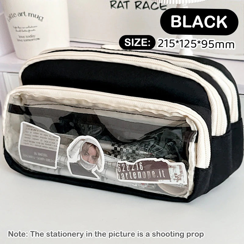 Chic Solid Pencil Case Korean Simplicity Transparent Pen Pouch Large Qme Black