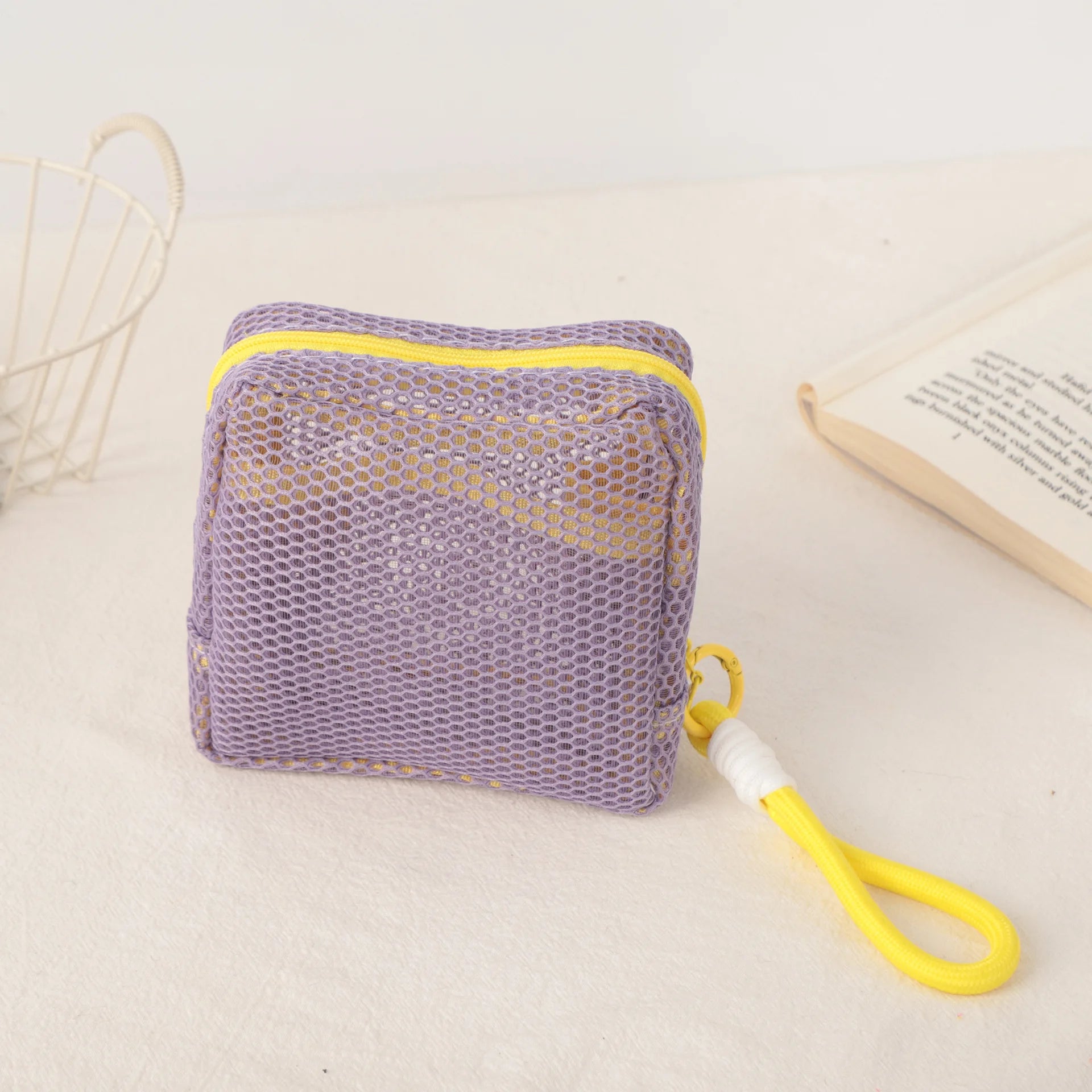Mesh Square Cosmetic Bag Women Portable Earphones Lipstick Sanitary Napkins Storage Pouch Small Makeup Zipper Bags Qme Purple 12x12x6cm