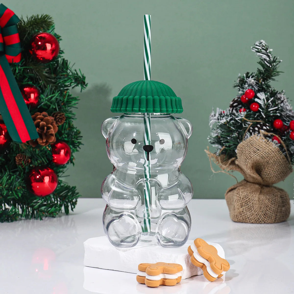 Cute Little Bear Plastic Cup Lid Straw Teddy Cold Drink Suitable Qme green