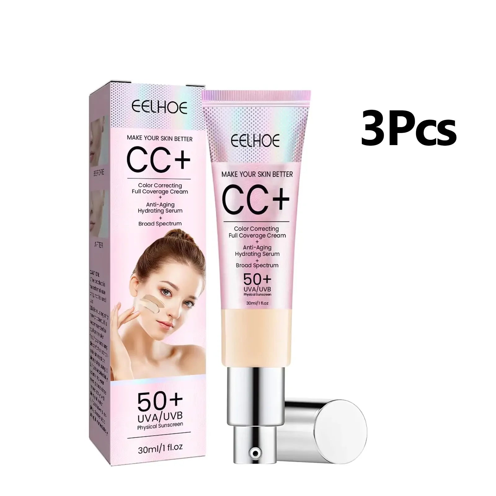 1/2/3pcs CC Cream Foundation Waterproof Brighten Moisturizing Foundation Concealer Oil-Control Long Lasting Spf 50 Makeup Qme 3PCS Light White