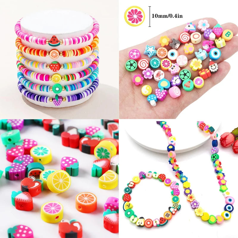 Polymer Clay Beads Kit 24 Styles Cute Fun Clay Beads Flower Butterfly Heart Letter Pony Beads for Bracelet Necklace Making DIY Qme