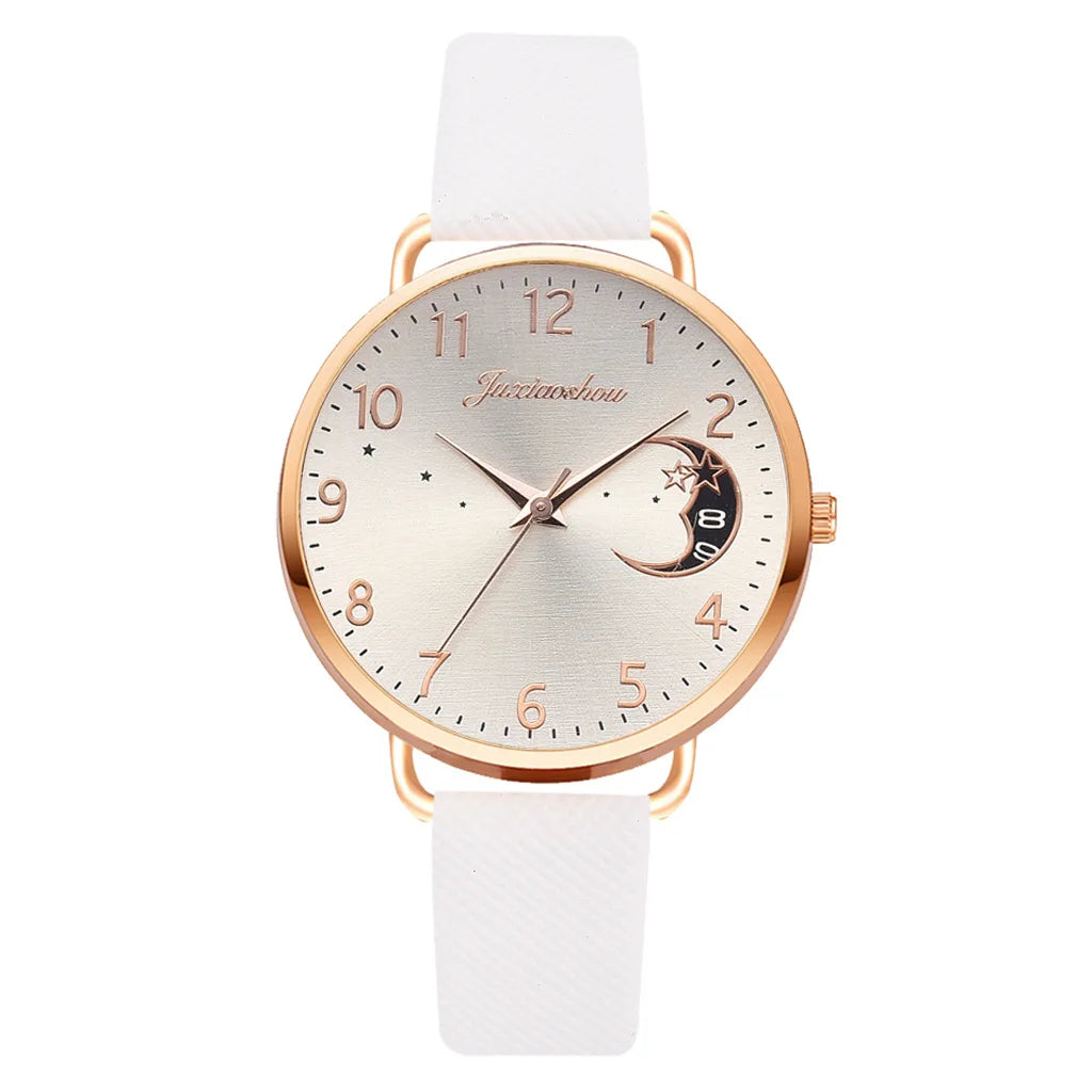 1-piece casual women's watch, moon digital dial, women's leather strap, quartz watch, women's watch Qme WHITE No