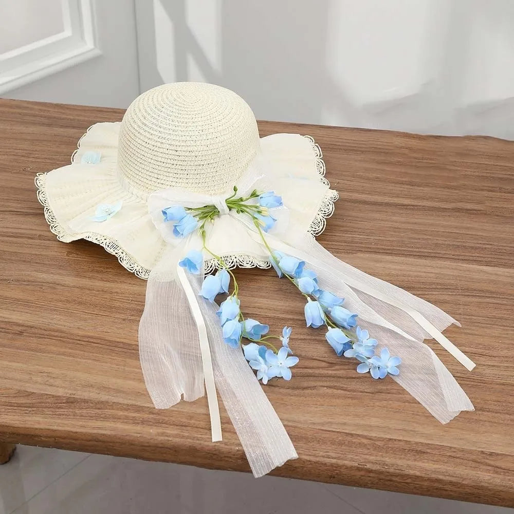 Summer Bonnet Wide Brim Straw Hat Lace Bowknot Floral Tassel Sun Cap Qme Style 7
