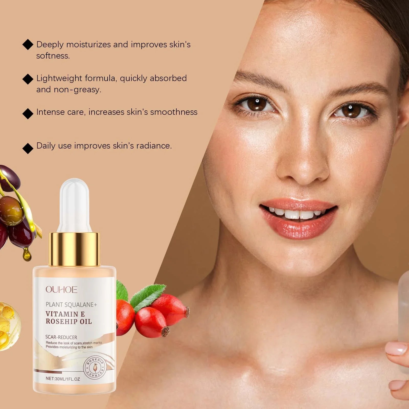 Moisturizing Squalane Rosehip Face Oil Lifting Firming Fade Fine Lines Smoothing Nourishing Skin Rejuvenation Facial Care Oil Qme