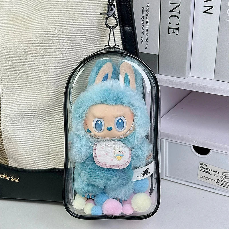 1 Labubu dust cover, PVC transparent portable storage bag for outdoor use, Labubu doll walking bag Qme black