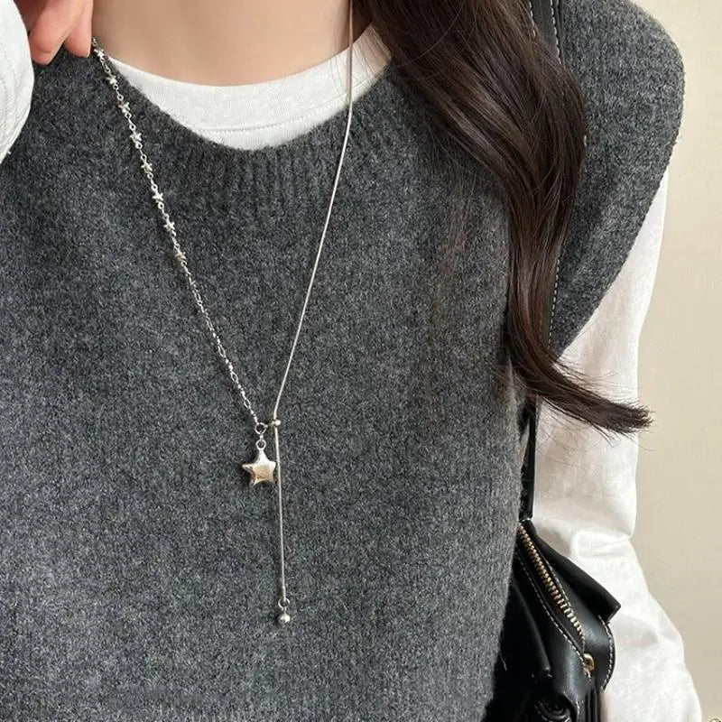 Silver Color Asymmetrical Star Pendant Adjustable Snake Chain Necklace For Women Qme