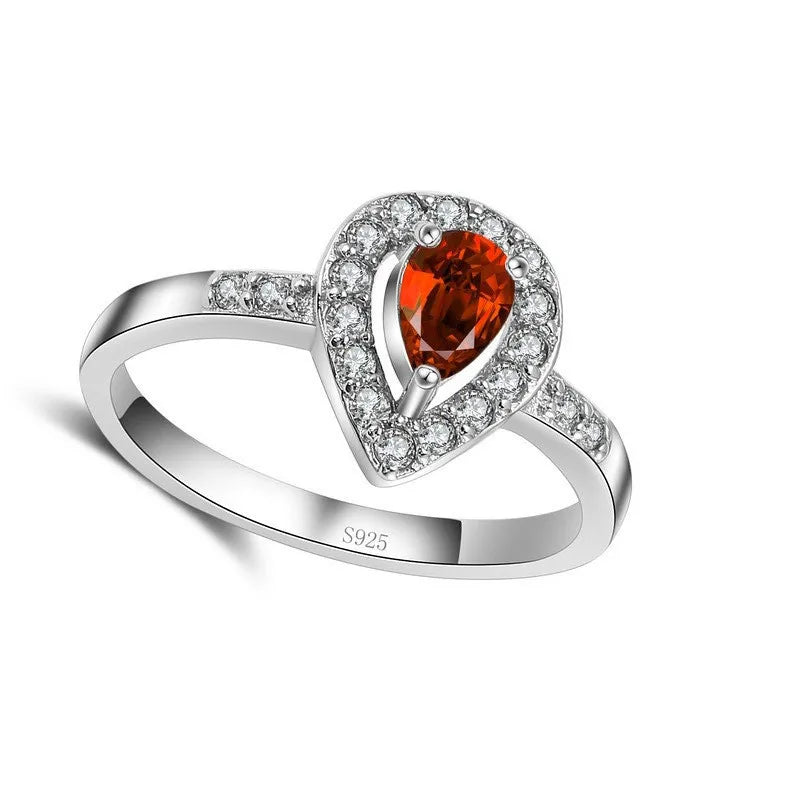 925 Sterling Silver Color Ring Waterdrop Shape Ornament Fire Red Crystal Stone For Women Female Gift Qme