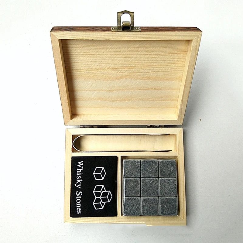 9 PCS Whisky Ice Stones Reusable Ice Cubes Bar Tools Whiskey Cooling Ice Stones Gifts For Whisky Lovers Stone Wooden Box Set Qme Black