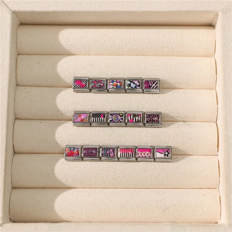 2026 Original Y2K Colorful Loving Heart Grid Flower Italian Charm Links Fit 9mm Stainless Steel Bracelet Women DIY Making Gift Qme