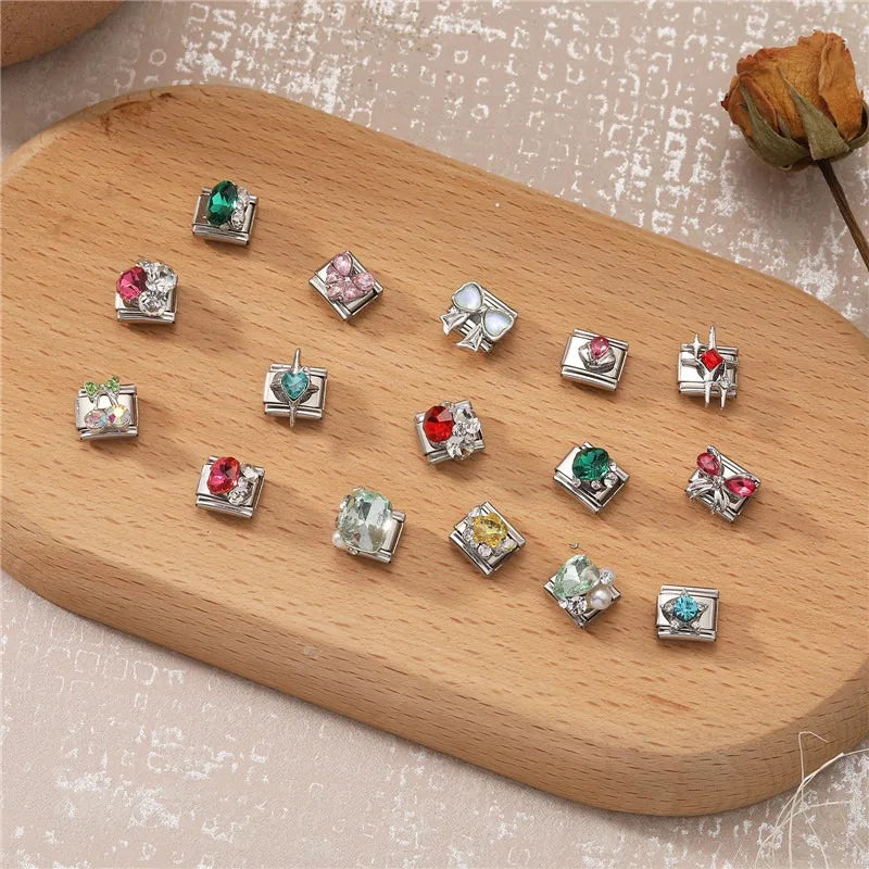 Green Blue Pink Zircon Stars Colored Cherry Italian Charm Links Fit 9mm Stainless Steel Bracelet Women Jewelry DIY Making Gifts Qme