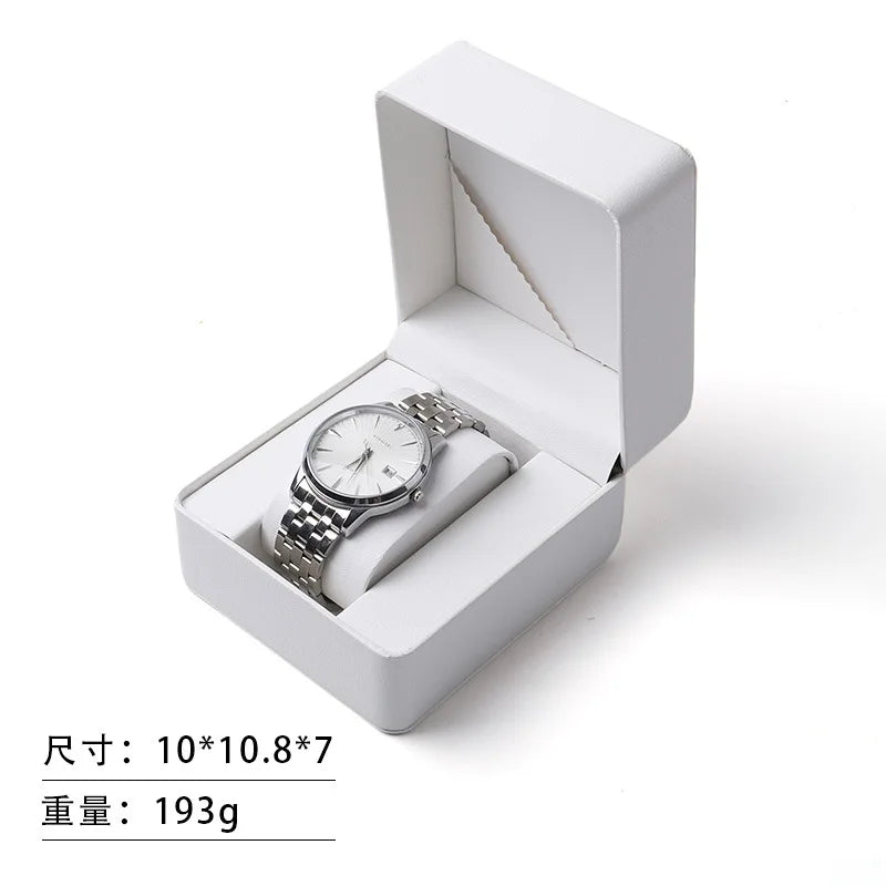 Premium PU Leather Single Watch Gift Box with Pillow Wristwatch Display Case Organizer for Men Women Qme White