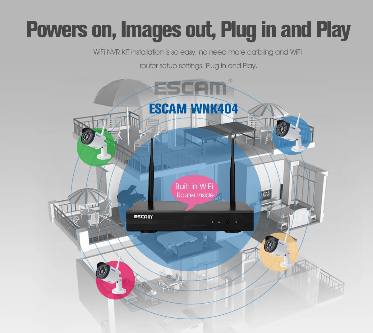 ESCAM WNK404 4CH 1080P Outdoor IR Video Wireless Surveillance Security IP Camera CCTV NVR System Kit Qme