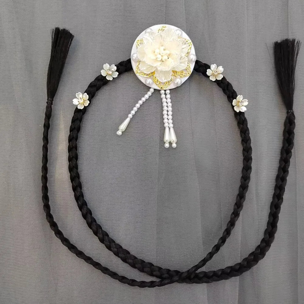 Retro Flower Hanbok Wig Headdress Pearl Traditional Korea Ethnic Qme Style3-White