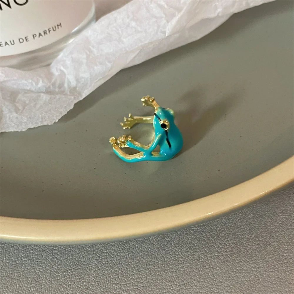 New Green Funny Frog Ring Cute Green Blue Adjustable Animal Ring Suitable for Adult Children Qme