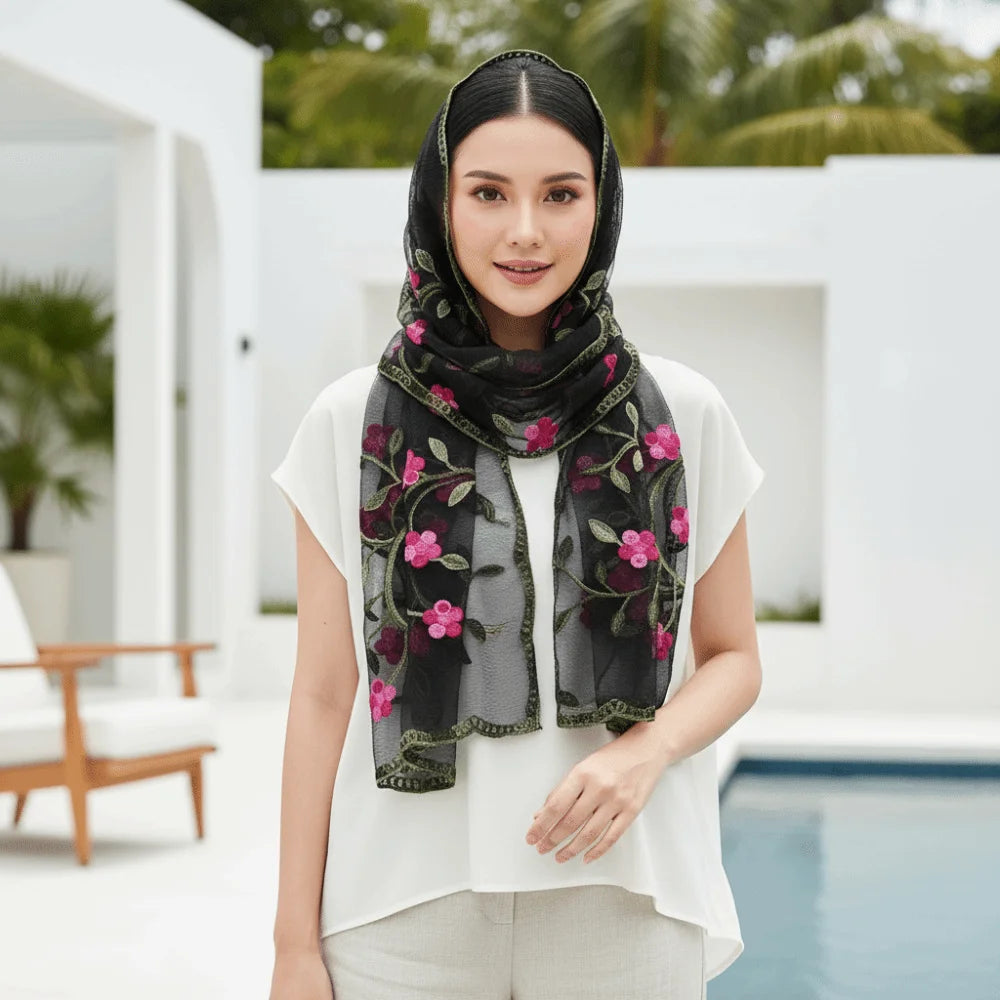 Ethnic Style Embroidered Floral Headwrap Breathable Lightweight Boho Sheer Shawl Skin-Friendly Soft Summer Hijab Qme