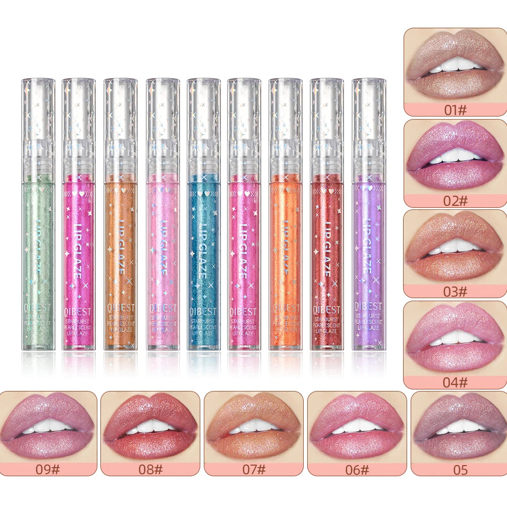 QIBEST Shimmer Lip Gloss 9Color Lip Sets Beauty Girl Diamond Glitter Lip Tint Long Lasting Liquid Lipstick Makeup Kits Lip Glaze Qme