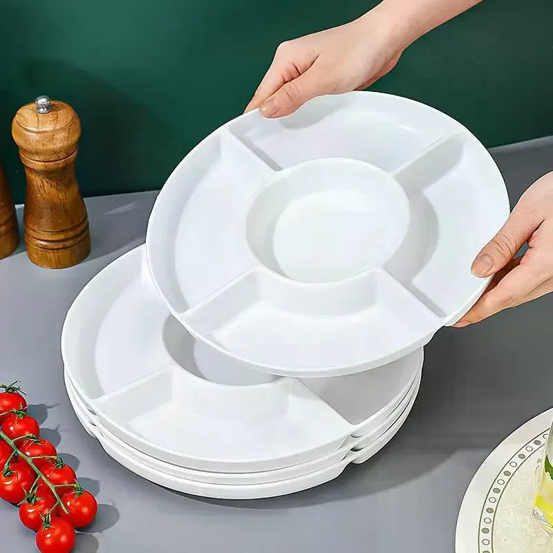 Portable Plastic Food Storage Tray Reusable Round Shape Divided Dinner Plate 5-Compartment Snack Container Plate Household Use Qme