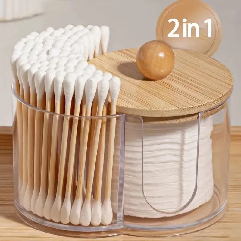 Holder with Dual Compartments - Clear Cotton Swab and Cotton Balls Organizer - Transparent Bathroom Storage Container for Makeup Qme