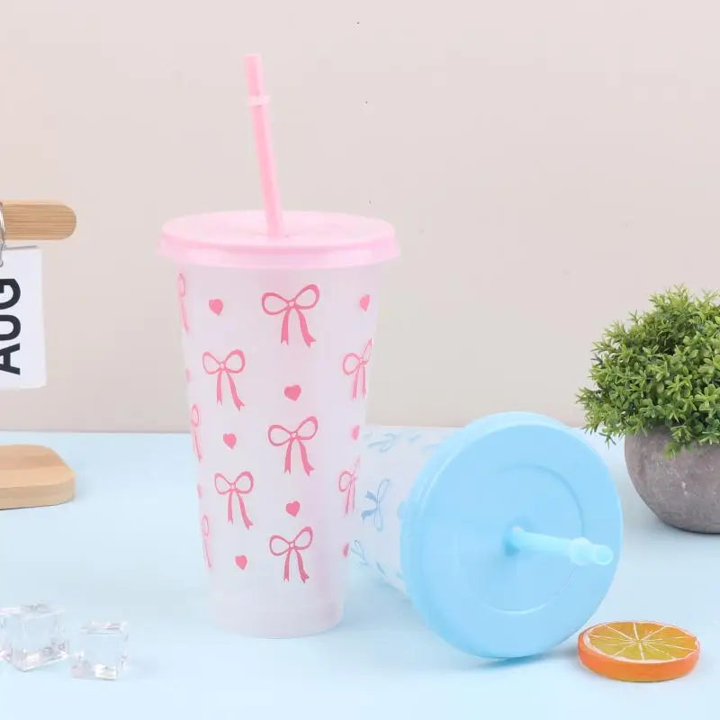 700ml With Lids Sippy Summer Sippy Cup Pink Bow Large Capacity Water Bottle Juice Milk Cup Cold Mug Qme