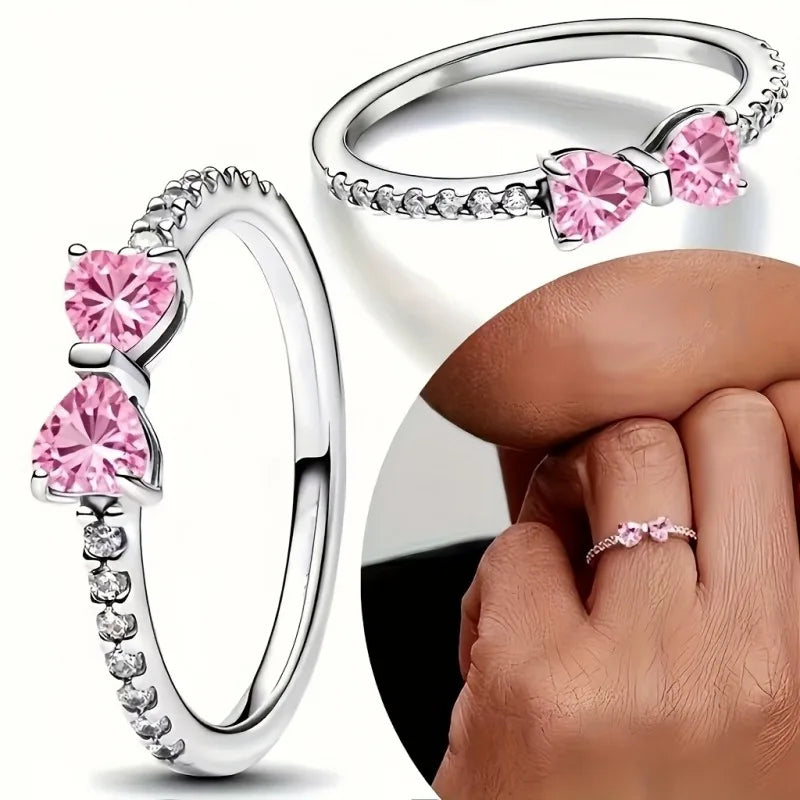 Pink Heart Cubic Zirconia Bow Shape Adjustable Open Ring Silver Plated Promise Wedding Band Women Daily Jewelry Birthday Gift Qme
