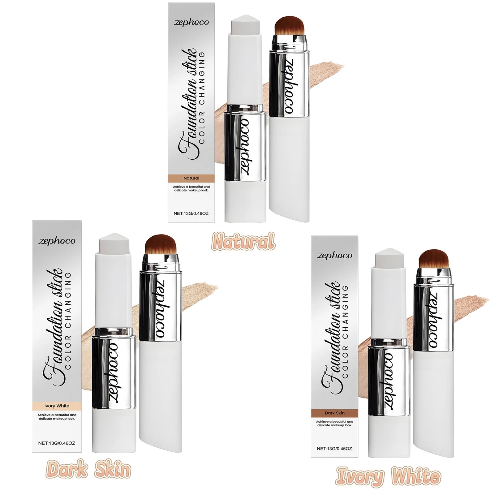 Zephoco Color Changing Foundation Stick Aloe Vera Waterproof Matte High Coverage Makeup Base 2 in 1 Blemish Cover Foundation 13g Qme 3 in 1 set