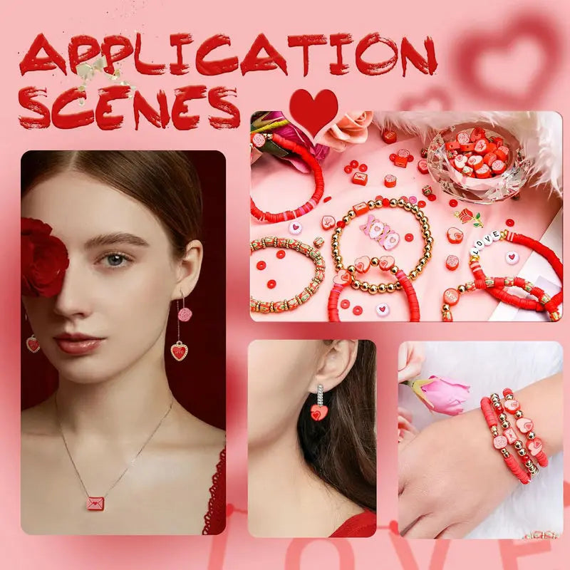 Valentine Day Clay Beads Kit Flat Round Disc Heishi Polymer Clay Beads with Letter Beads & Charms for Friendship Bracelet Making Qme