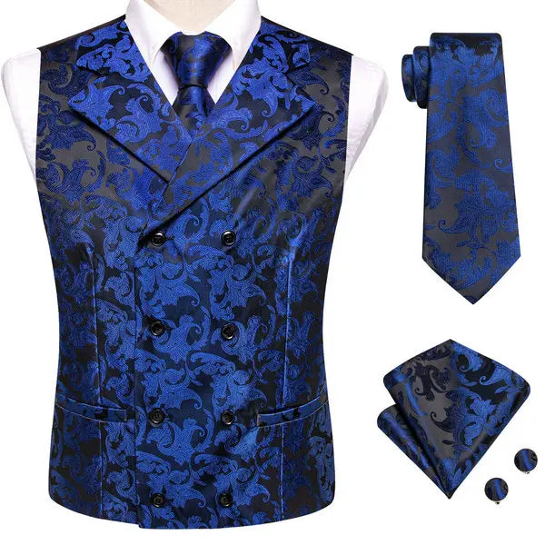 Mens Double Breasted Half Notch Lapel Waistcoat Formal Floral Qme HT-MJTZ0096 M