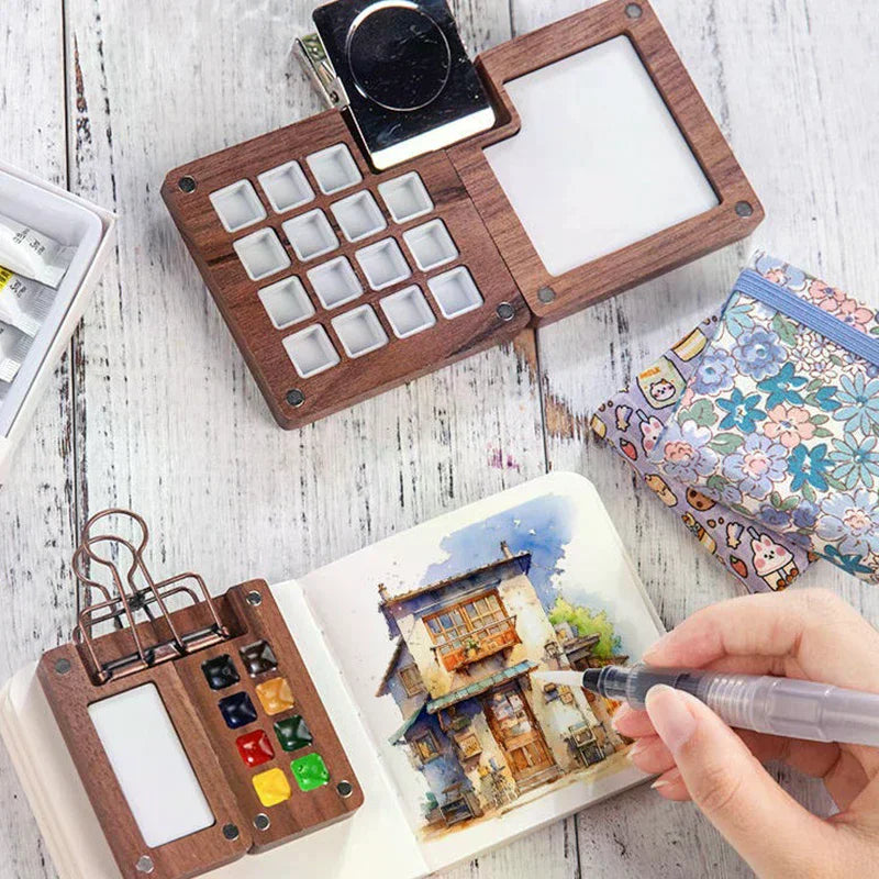 Mini Walnut Wood Watercolor Palette Portable Paint Box Clip Travel Qme