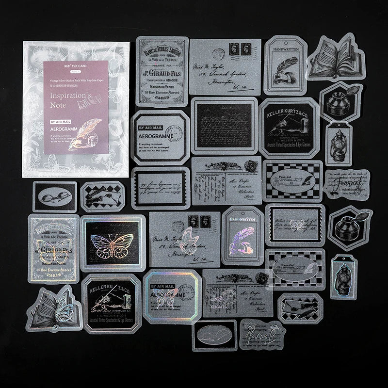 30pcs/pack Vintage Silvery Stickers for Junk Journal DIY Scrapbooking Collage Album Creative Stationery Craft Sticker Qme C
