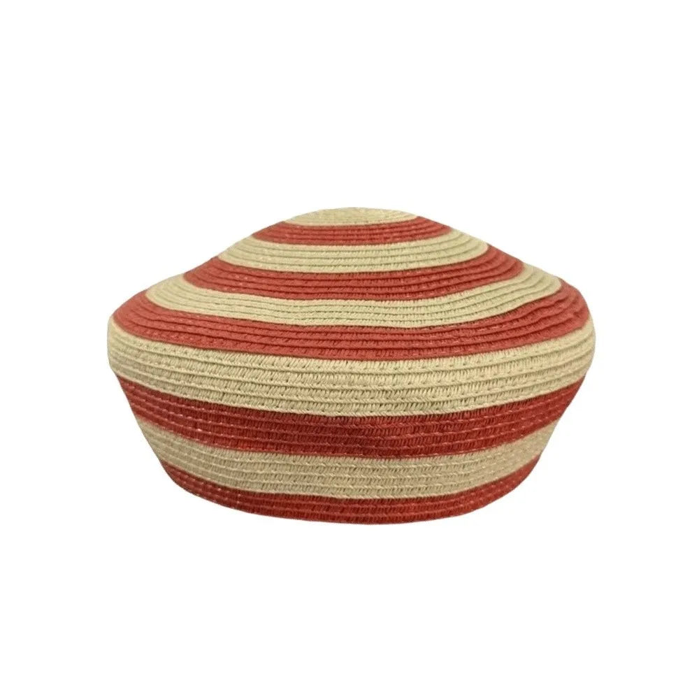 Beach Cap Striped Pattern Straw Top Hat Paper Straw Color Block Dome Cap Wide Brim Lightweight Sun Hat Elegant Ladies Qme Orange
