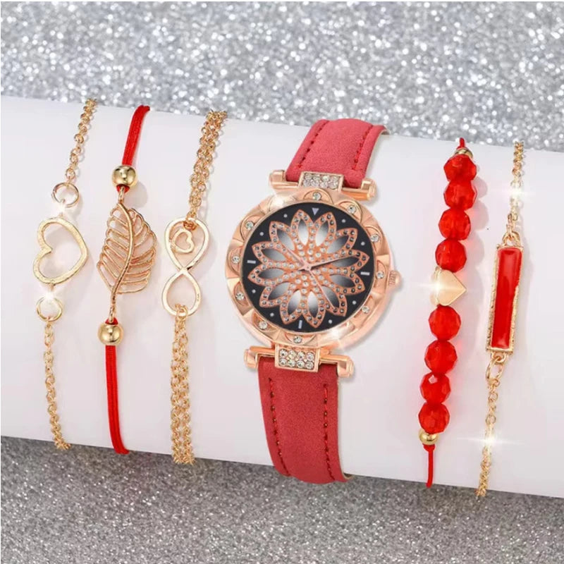 5Pcs Women Pink Suede Strap Watch Set, Floral Bezel Snowflake Dial Quartz Watch + Leaf Heart Pink Crystal Stack Bracelets Qme Gold
