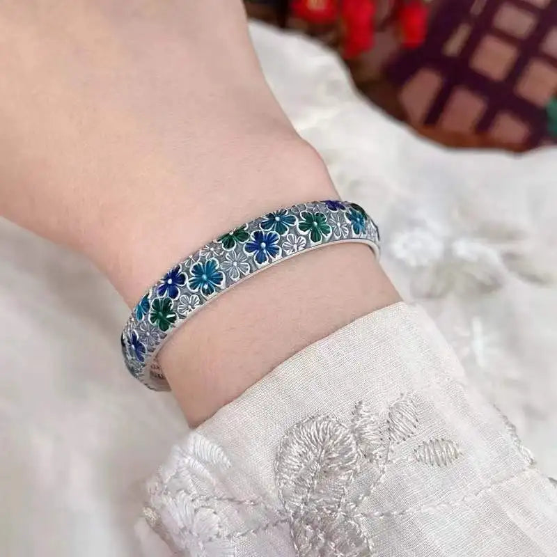 Blooming Flowers Like Brocade Enamel Plum Blossom Open Bangle Bracelet New Chinese Retro Enamel High Grade Solid Bracelet Qme