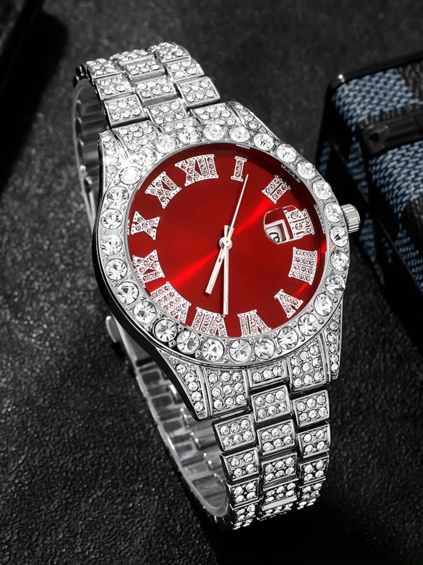 Classic Red Sunburst Dial Quartz Watch Multipack Full Rhinestone Cuban Bracelet Cross Necklace Male Street Hip Hop Jewelry Qme