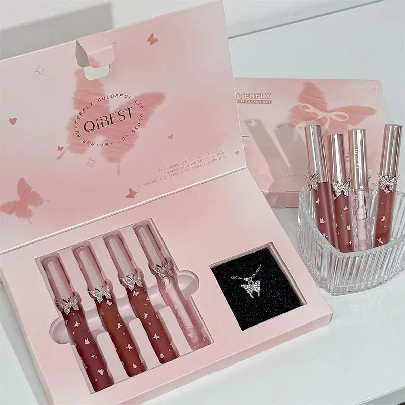 QIBEST 4 Pcs Lip Makeup Sets Include 3*Matte Liquid Lipstick And 1*Lip Balm Oil Moisturizing Lasting Water Proofs Lips Cosmetics Qme