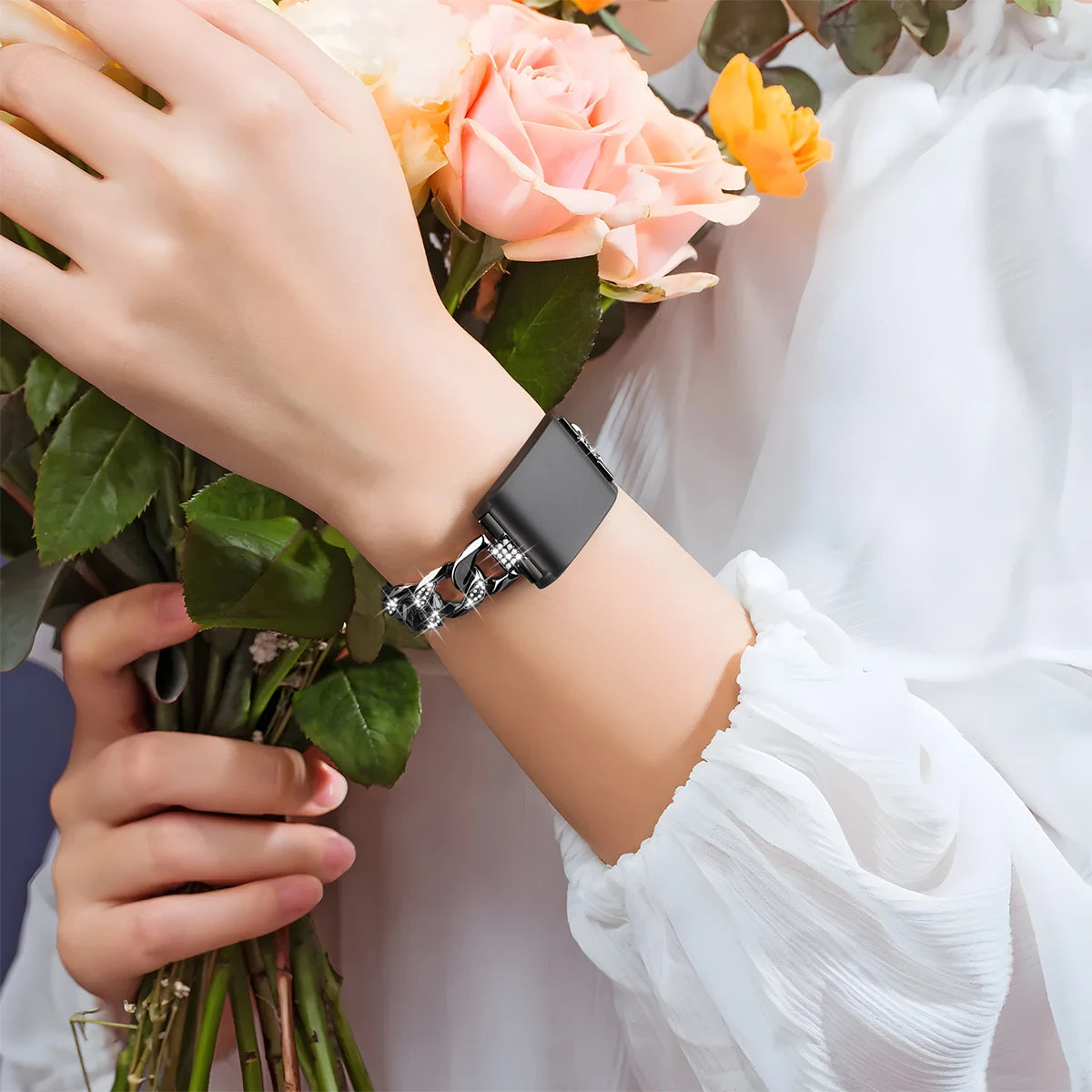 Women Metal Strap for Whoop 4.0 Lady Steel Bracelet Wristband Diamond-Studded Denim Chain for Whoop 4.0 Qme