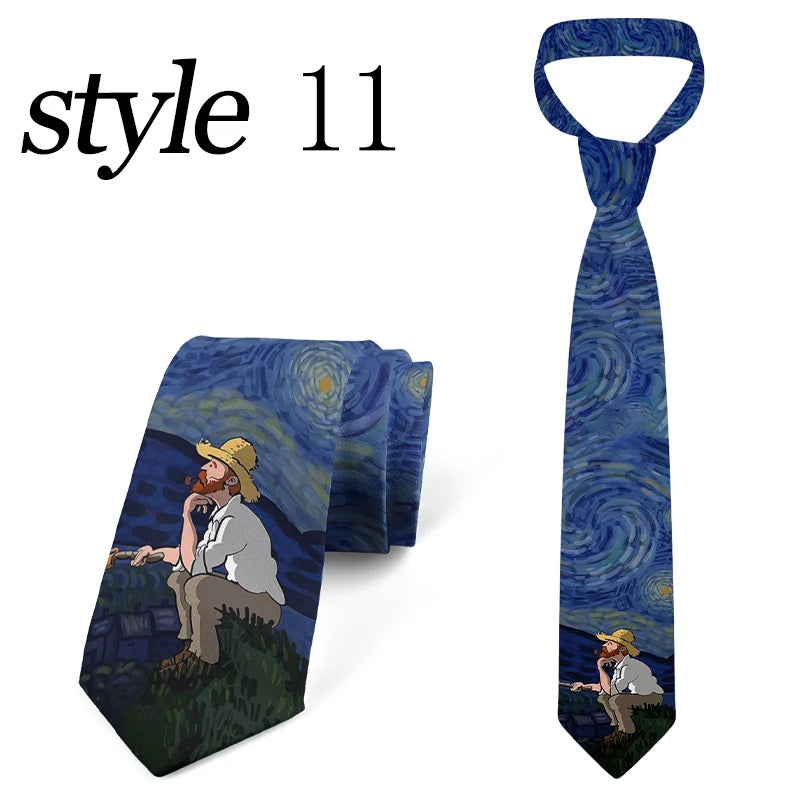 Classic Van Gogh Wide Fashion Oil Painting Tie Pastoral Sailing Print Qme