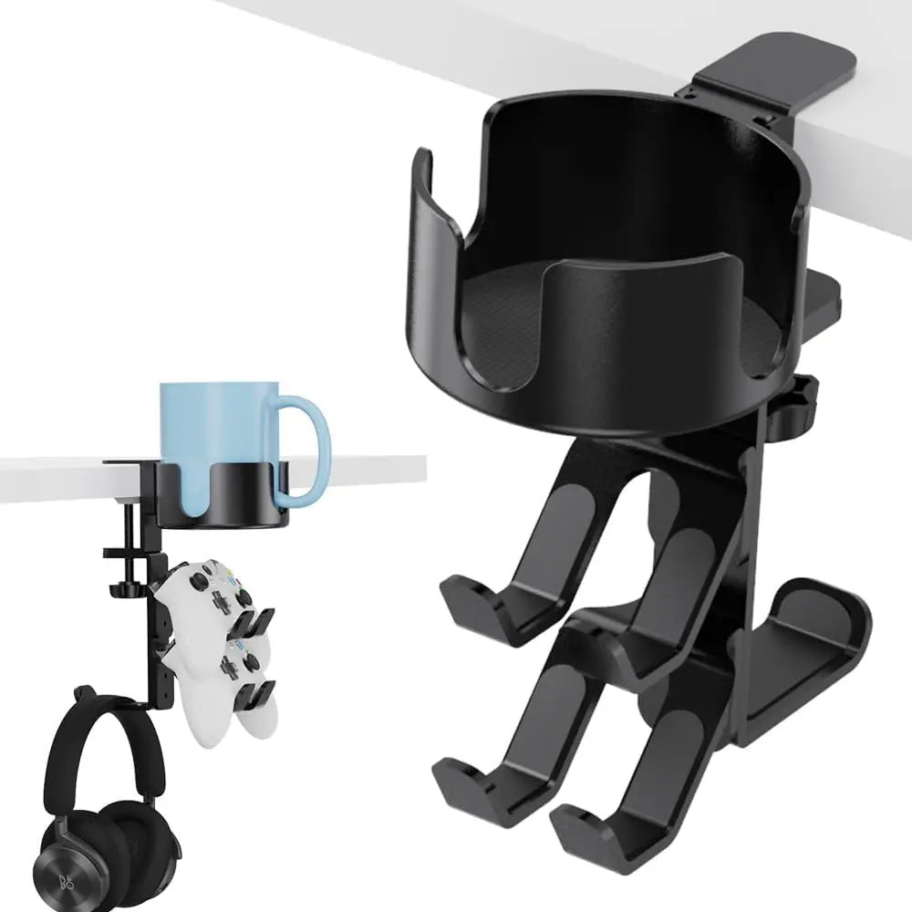 2 in 1 Headphone Stand with Desk Cup Holder,360 Degree Rotation Headset Hanger,Table Headphone Stand Qme BLACK