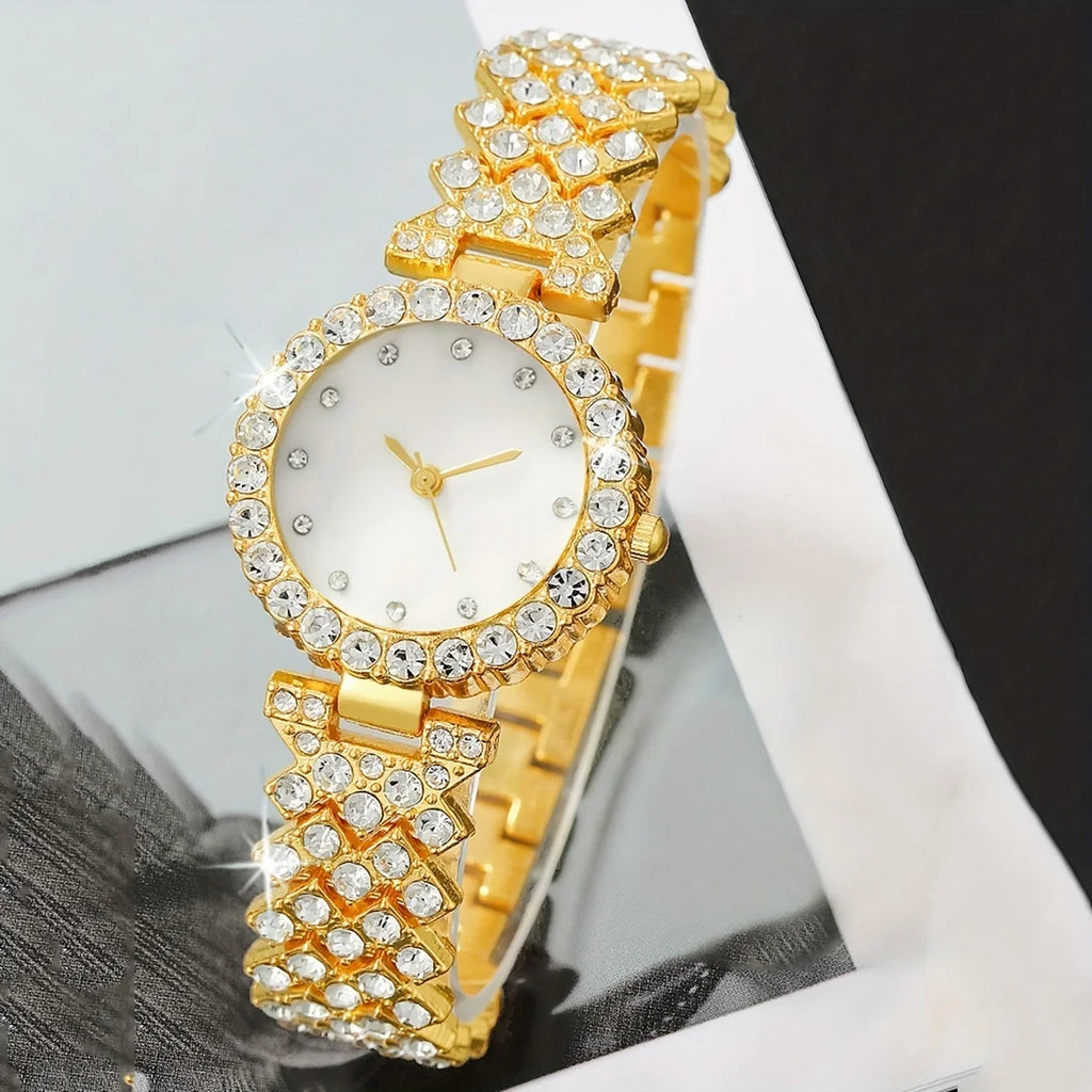 1pc Rhinestone Decor Quartz Watch Casual Round Pointer Analog Wristwatch & 5pcs Jewelry Set, Gift For Mom/Girlfriend Qme