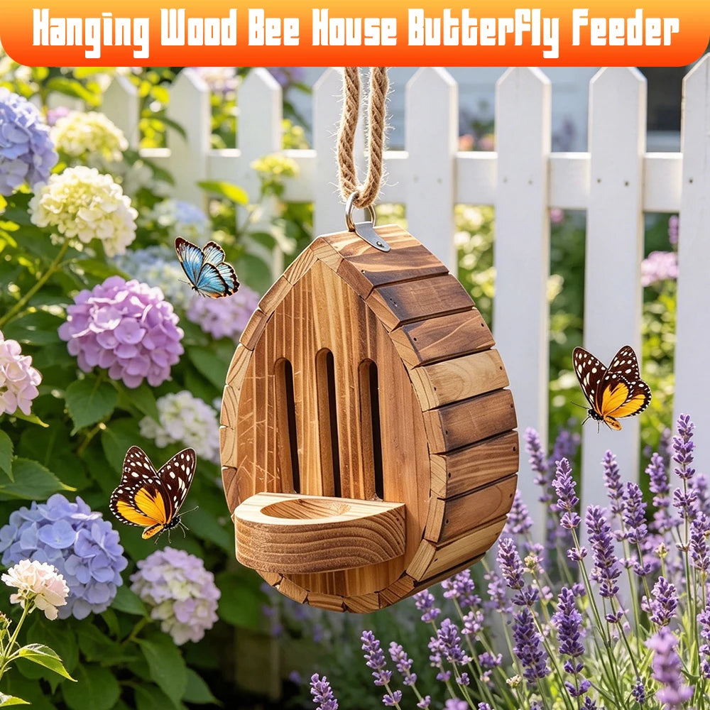 Wood Butterflies Houses with Rope Wooden Butterfly Habitat & Feeder 2In1 Hangable Decorative Nesting Box for Moths Bee Insect Qme