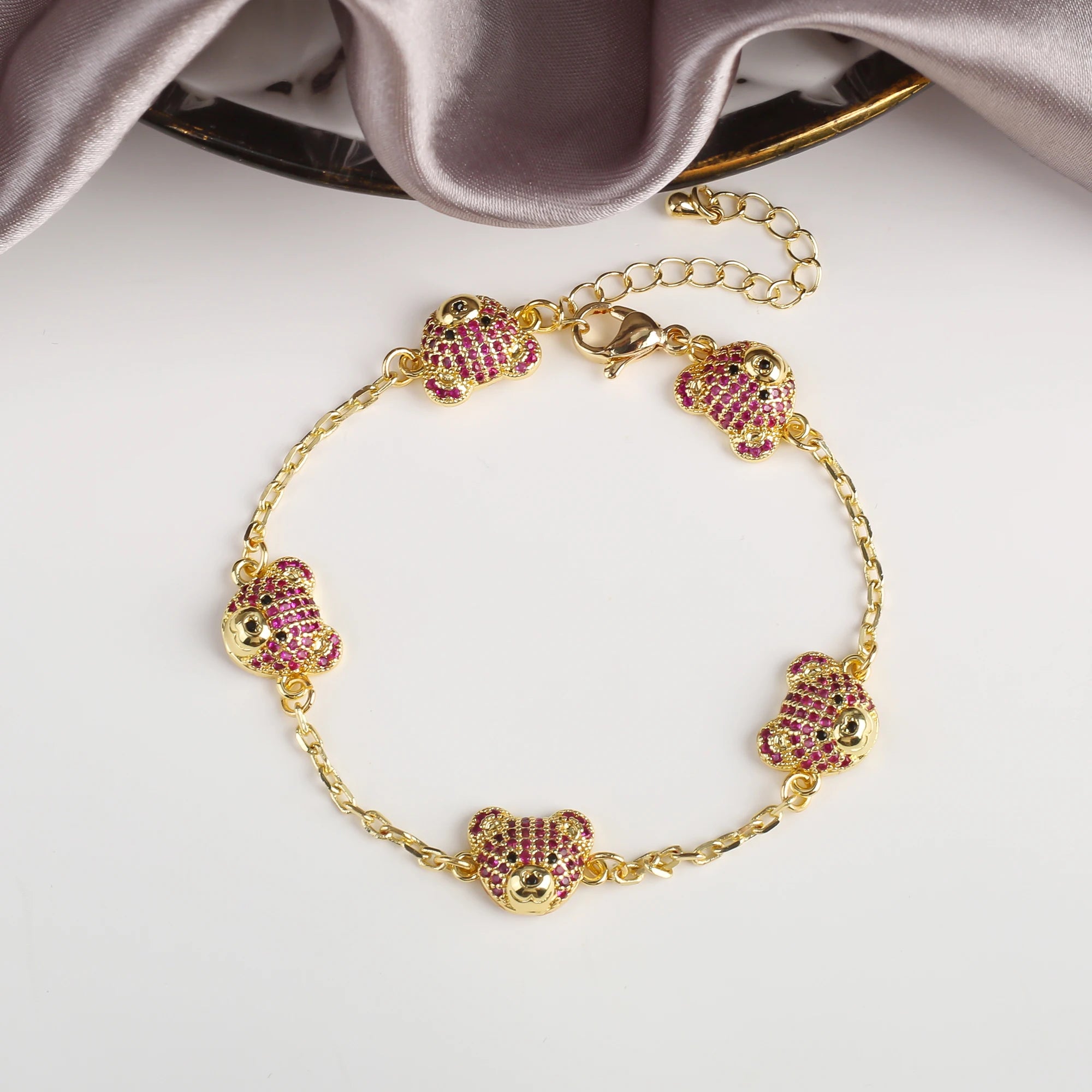 Classic Cubic Zirconia Cute Bear Gold Plated Adjustable Bracelet