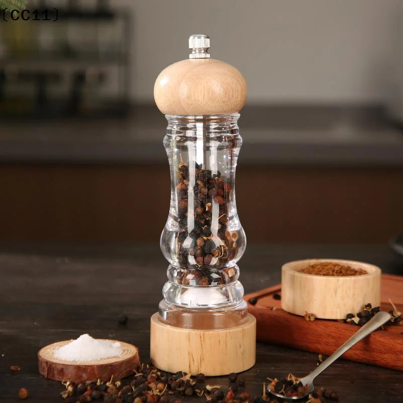 Wood Pepper Grinder Mill Acrylic Sea Salt Shaker Adjustable Qme