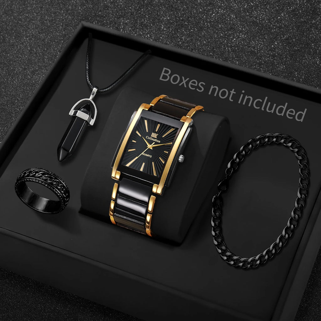 4PCS Luxury Men Business Watches Jewelry Set Fashion Rectangle Dial Male Quartz Watch Reloj Hombre(Without Box) Qme 4PCS Set Without Box