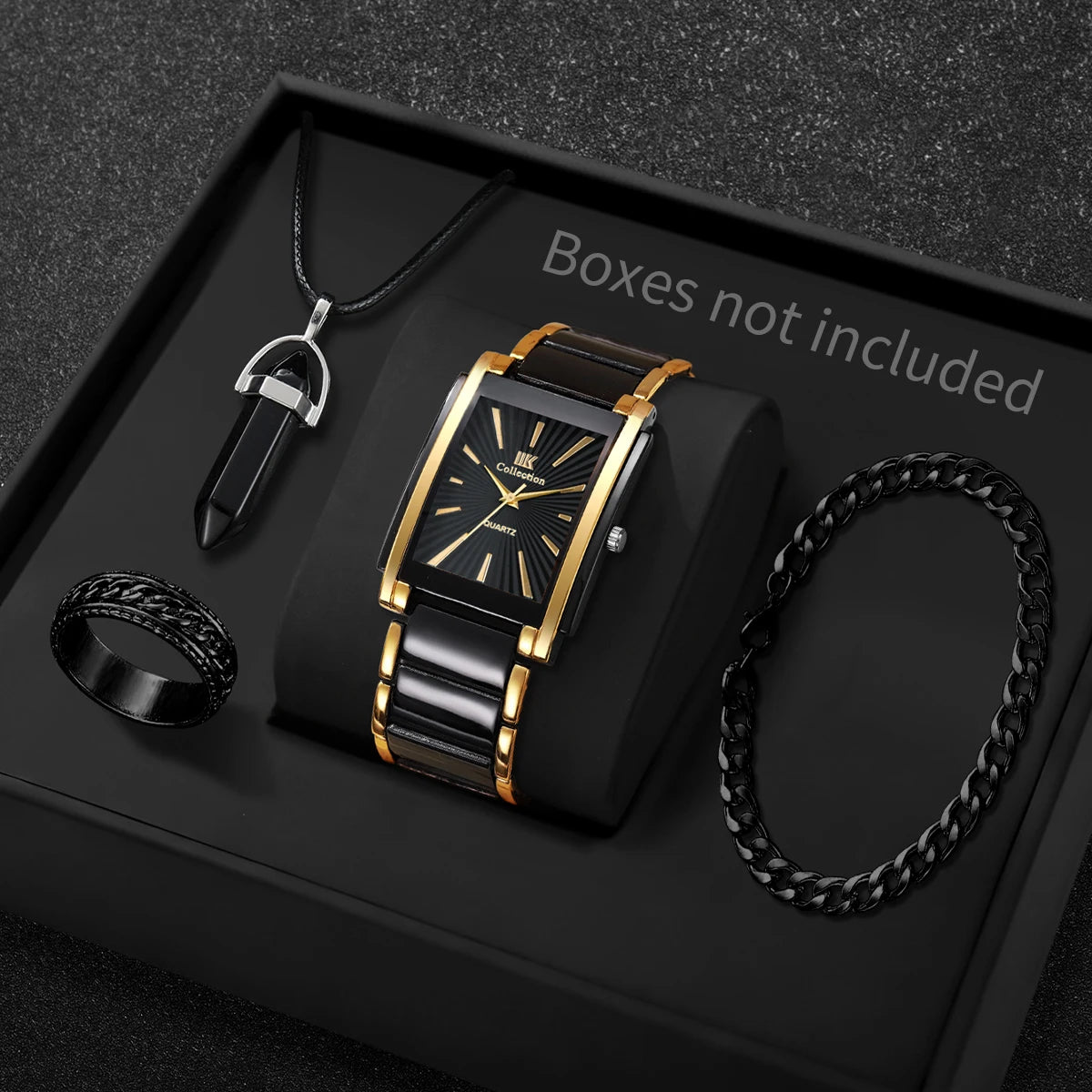 4PCS Luxury Men Business Watches Jewelry Set Fashion Rectangle Dial Male Quartz Watch Reloj Hombre(Without Box) Qme 4PCS Set Without Box